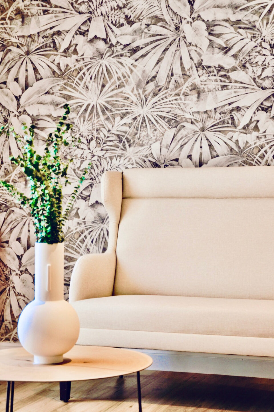 Photo d'un beau canapé blanc derrière un pot de fleurs faisant partie du mobilier maison de retraite